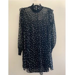 NWT Mango Black & Floral Sheer Ruffle Dress S